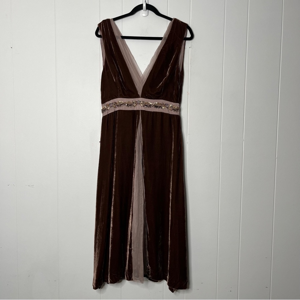 Saja Silk Velvet Midi Dress Beaded and Shear Details Brown Fairy Whims Size 6